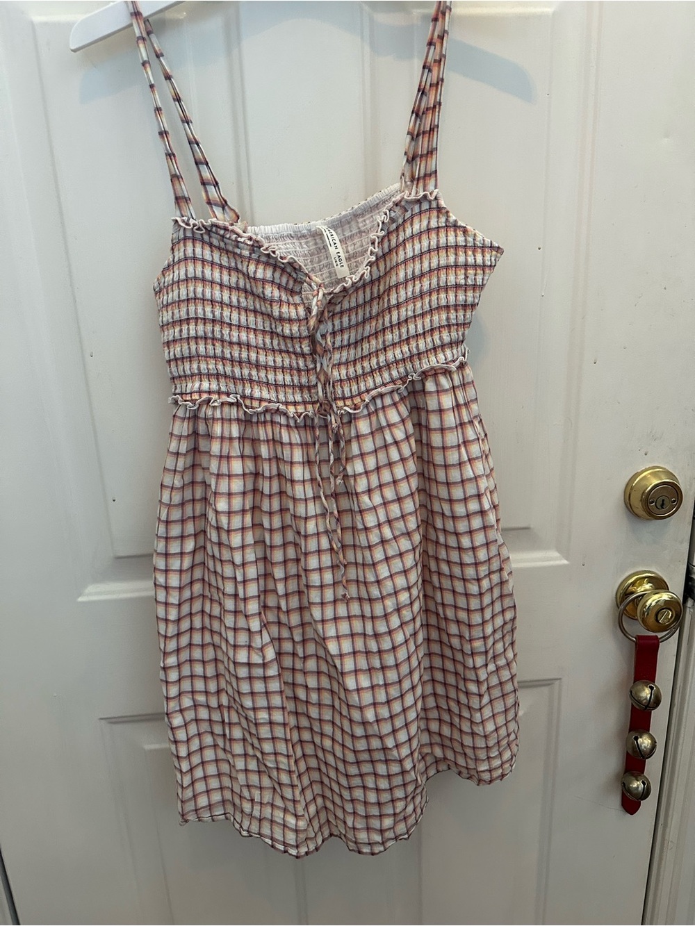 American Eagle Outfitters Cream and Pink Plaid Smocked Sundress